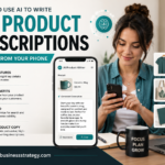 A mobile ecommerce seller using AI on a smartphone to write product descriptions, improve product copy, add SEO details and create better online store listings.