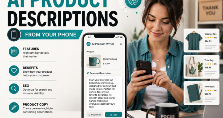 A mobile ecommerce seller using AI on a smartphone to write product descriptions, improve product copy, add SEO details and create better online store listings.