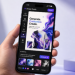 AI product design on a smartphone showing generated patterns, product mockups like t-shirts and mugs, and editing tools.
