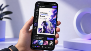 AI product design on a smartphone showing generated patterns, product mockups like t-shirts and mugs, and editing tools.