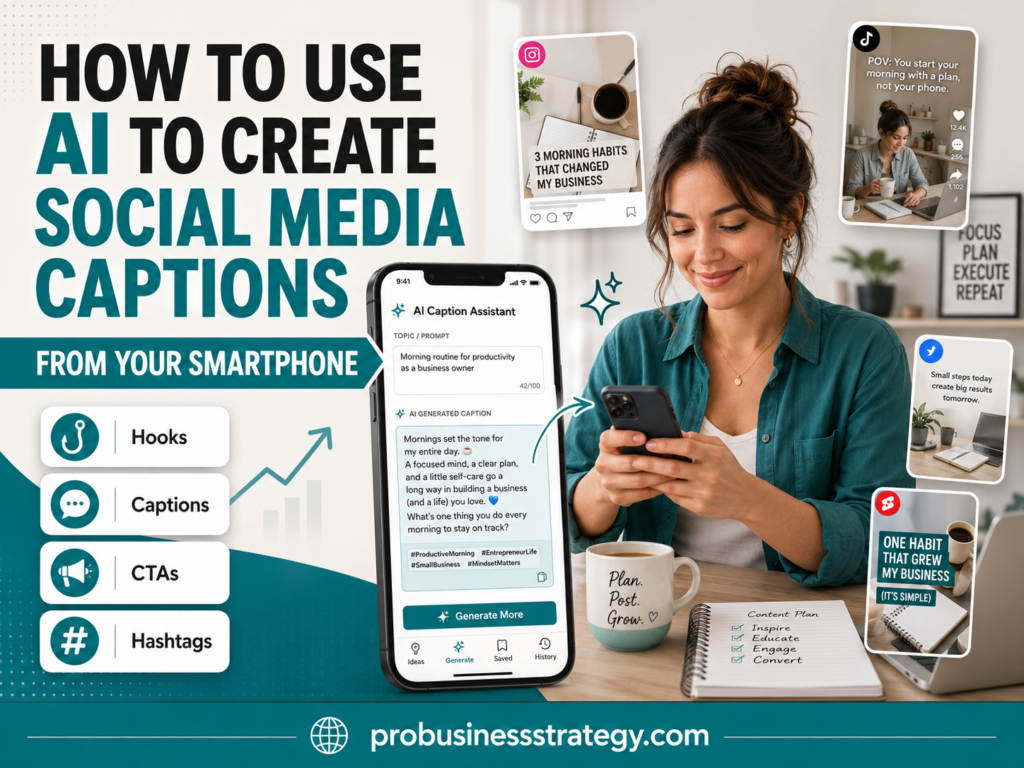 A mobile business owner using AI on a smartphone to create social media captions, hooks, CTAs and hashtags for Instagram, TikTok, Pinterest and other platforms.