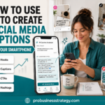 A mobile business owner using AI on a smartphone to create social media captions, hooks, CTAs and hashtags for Instagram, TikTok, Pinterest and other platforms.
