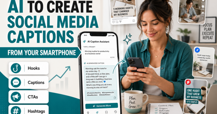 A mobile business owner using AI on a smartphone to create social media captions, hooks, CTAs and hashtags for Instagram, TikTok, Pinterest and other platforms.