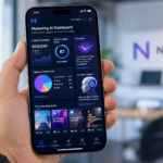 AI social media marketing dashboard on a smartphone showing automated posts, analytics, and content scheduling.