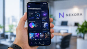 AI social media marketing dashboard on a smartphone showing automated posts, analytics, and content scheduling.