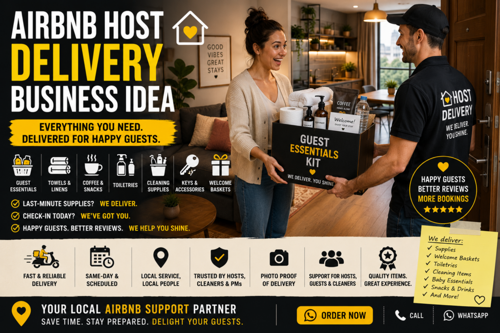 Airbnb host receiving a guest essentials delivery kit with towels, coffee, toiletries, cleaning supplies, toilet paper, welcome items, and short-stay rental supplies.