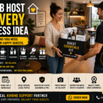 Airbnb host receiving a guest essentials delivery kit with towels, coffee, toiletries, cleaning supplies, toilet paper, welcome items, and short-stay rental supplies.
