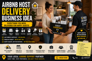 Airbnb host receiving a guest essentials delivery kit with towels, coffee, toiletries, cleaning supplies, toilet paper, welcome items, and short-stay rental supplies.