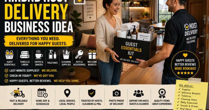 Airbnb host receiving a guest essentials delivery kit with towels, coffee, toiletries, cleaning supplies, toilet paper, welcome items, and short-stay rental supplies.
