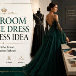 Elegant ballroom dance dress in a luxury fashion atelier, representing a premium niche business idea around ballroom gowns, styling, rentals and elegant dance fashion.