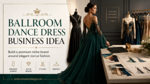 Elegant ballroom dance dress in a luxury fashion atelier, representing a premium niche business idea around ballroom gowns, styling, rentals and elegant dance fashion.