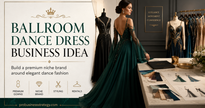 Elegant ballroom dance dress in a luxury fashion atelier, representing a premium niche business idea around ballroom gowns, styling, rentals and elegant dance fashion.