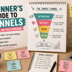 Beginner-friendly desk scene with a simple marketing funnel diagram showing Attention, Interest, Trust, and Action, plus sticky notes, checklist, laptop, and coffee.