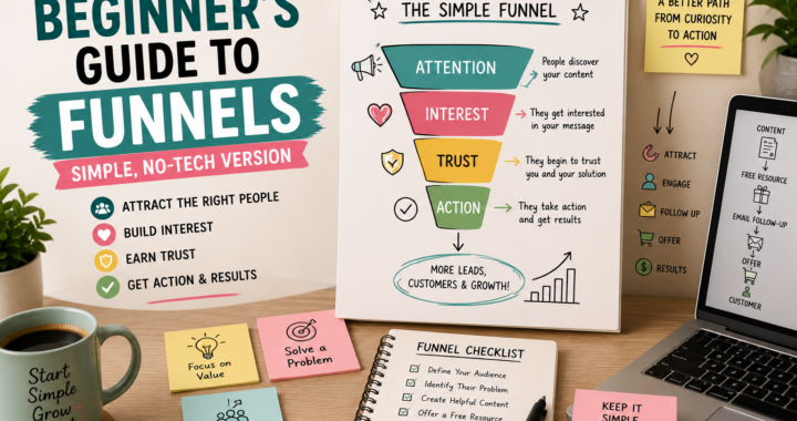 Beginner-friendly desk scene with a simple marketing funnel diagram showing Attention, Interest, Trust, and Action, plus sticky notes, checklist, laptop, and coffee.