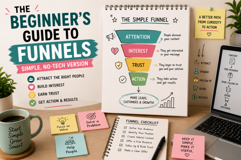 Beginner-friendly desk scene with a simple marketing funnel diagram showing Attention, Interest, Trust, and Action, plus sticky notes, checklist, laptop, and coffee.