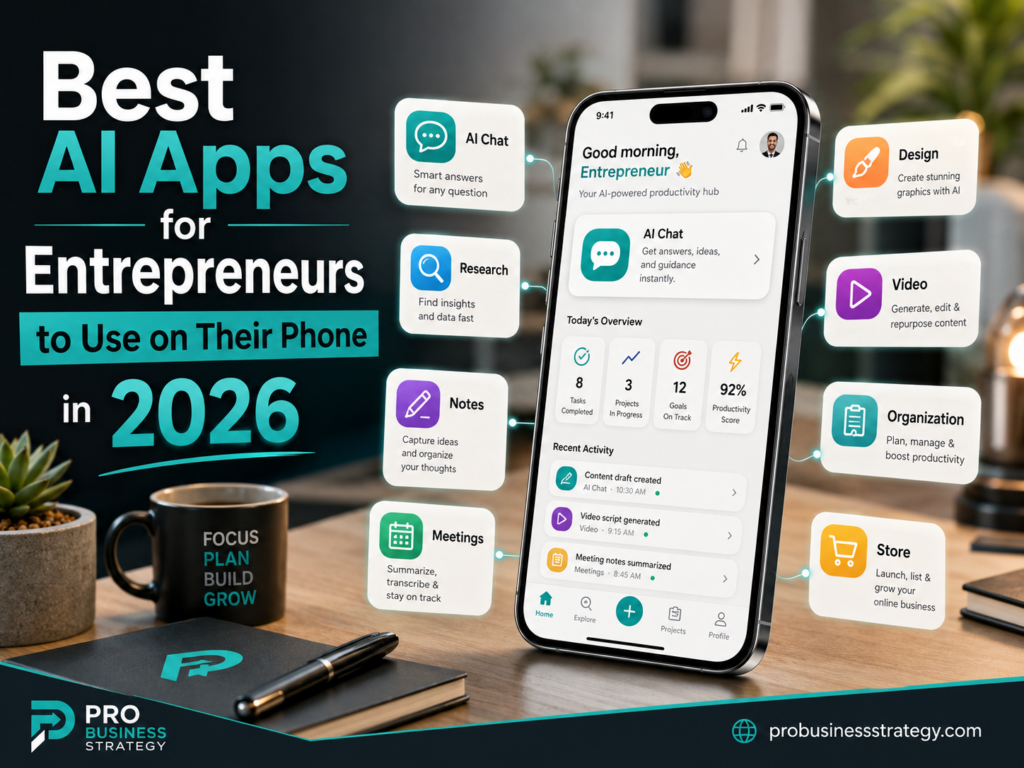 Smartphone dashboard showing AI apps for entrepreneurs, including AI chat, research, design, video, notes, meetings, organization and online store tools.