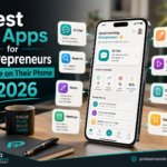 Smartphone dashboard showing AI apps for entrepreneurs, including AI chat, research, design, video, notes, meetings, organization and online store tools.