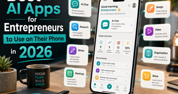 Smartphone dashboard showing AI apps for entrepreneurs, including AI chat, research, design, video, notes, meetings, organization and online store tools.