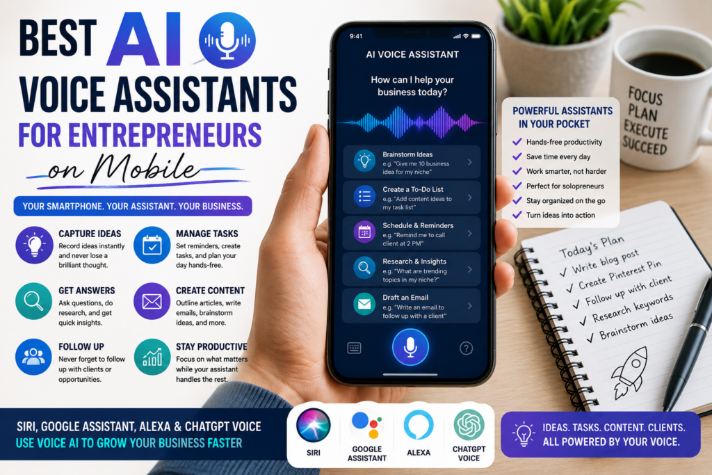 AI voice assistant on a smartphone helping entrepreneurs capture ideas, manage tasks, create content, schedule reminders, and stay productive.