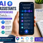AI voice assistant on a smartphone helping entrepreneurs capture ideas, manage tasks, create content, schedule reminders, and stay productive.