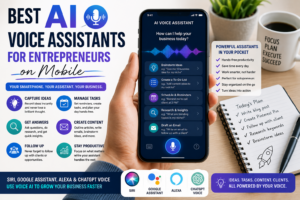 AI voice assistant on a smartphone helping entrepreneurs capture ideas, manage tasks, create content, schedule reminders, and stay productive.