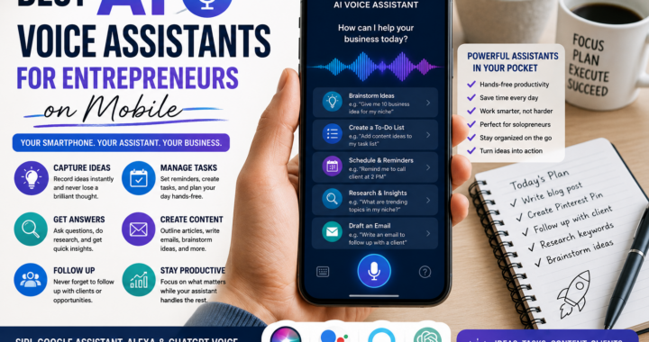 AI voice assistant on a smartphone helping entrepreneurs capture ideas, manage tasks, create content, schedule reminders, and stay productive.