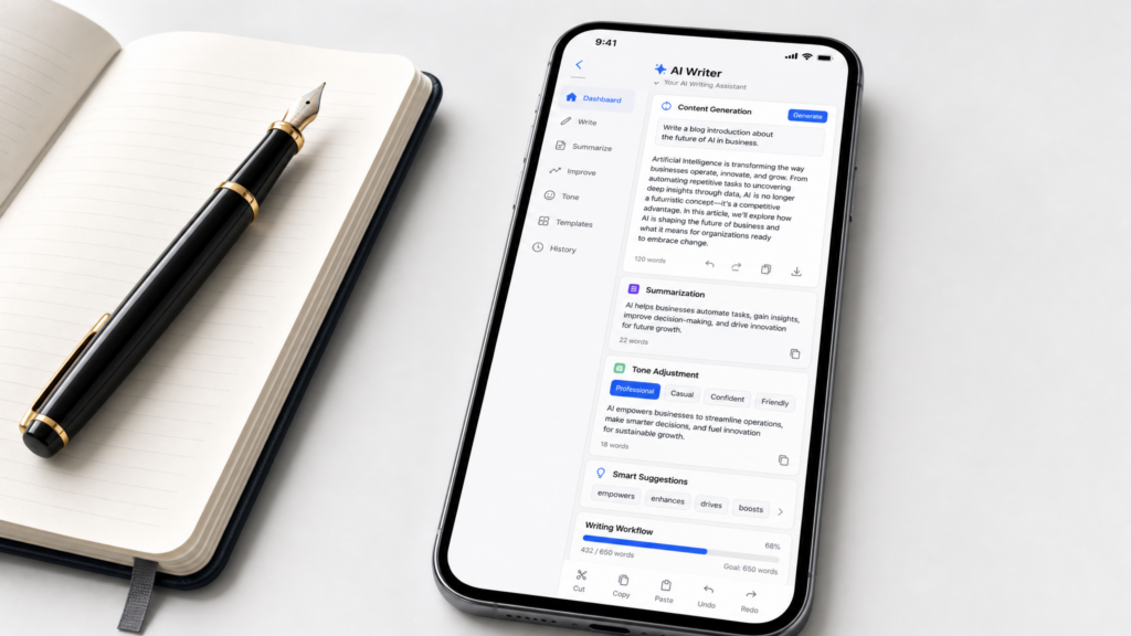 A smartphone showing AI writing app interfaces, text suggestions, and editing tools on a clean desk.