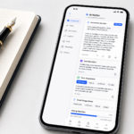 A smartphone showing AI writing app interfaces, text suggestions, and editing tools on a clean desk.