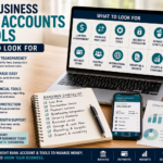 A business banking workspace with a laptop, financial checklist, mobile banking app, cash flow chart and tools for choosing the right business bank account.