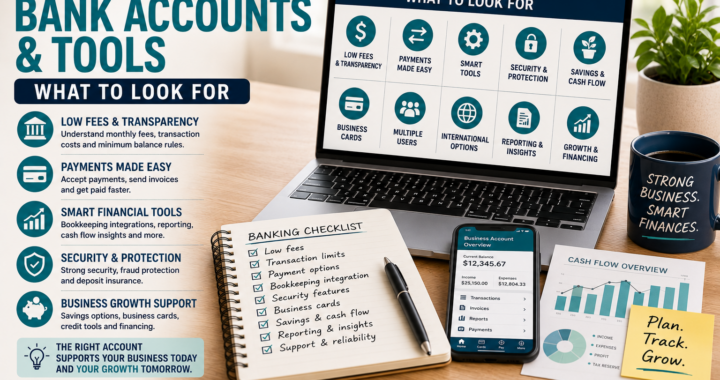 A business banking workspace with a laptop, financial checklist, mobile banking app, cash flow chart and tools for choosing the right business bank account.