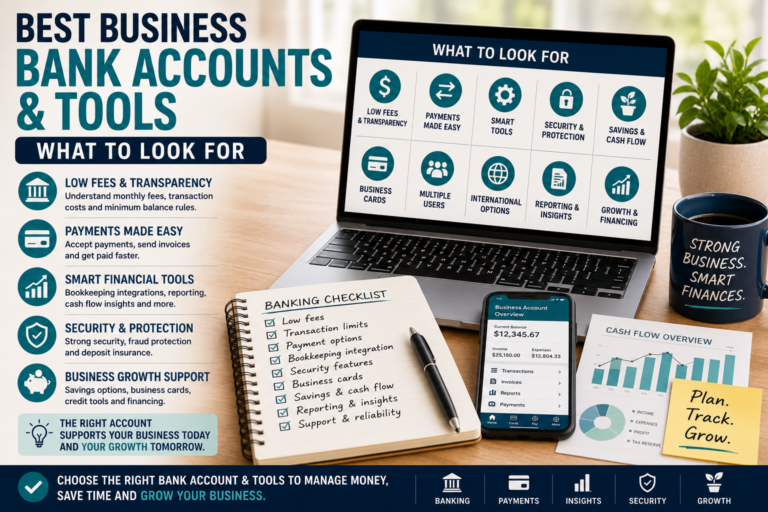 A business banking workspace with a laptop, financial checklist, mobile banking app, cash flow chart and tools for choosing the right business bank account.
