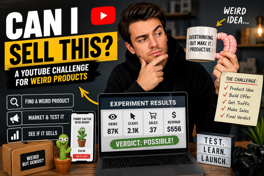A YouTube creator testing weird product ideas with a camera, laptop, product validation checklist and unusual products to see if they can generate real sales.