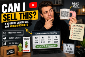 A YouTube creator testing weird product ideas with a camera, laptop, product validation checklist and unusual products to see if they can generate real sales.