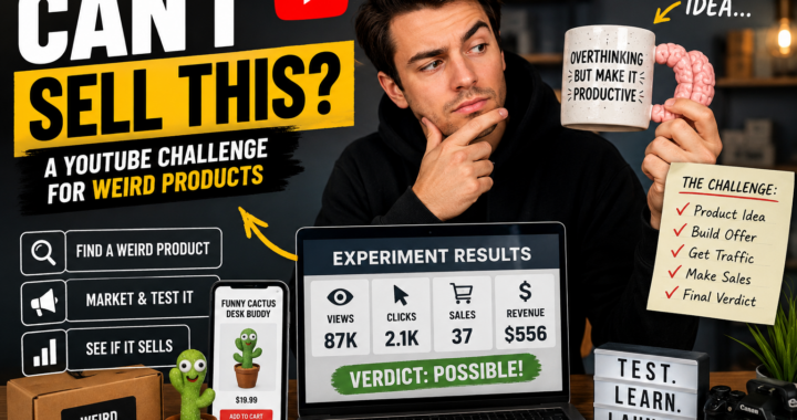 A YouTube creator testing weird product ideas with a camera, laptop, product validation checklist and unusual products to see if they can generate real sales.