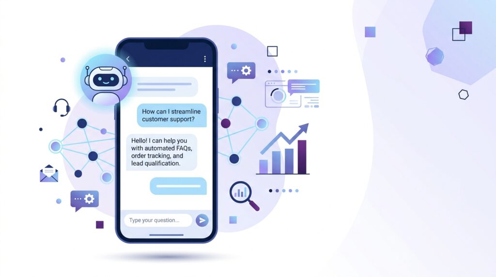 Smartphone displaying a chatbot interface with AI messaging bubbles and business automation elements in the background.