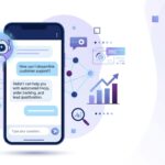 Smartphone displaying a chatbot interface with AI messaging bubbles and business automation elements in the background.