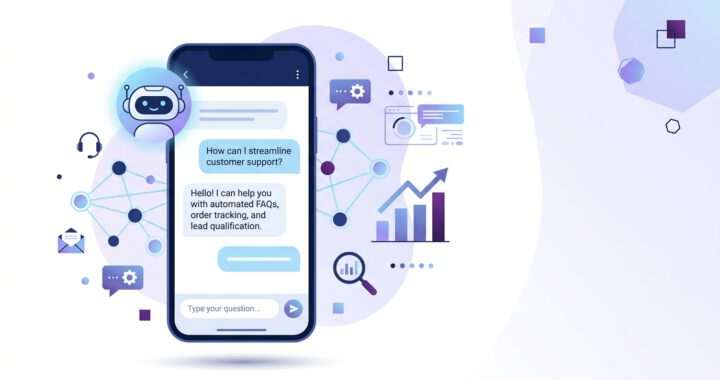 Smartphone displaying a chatbot interface with AI messaging bubbles and business automation elements in the background.