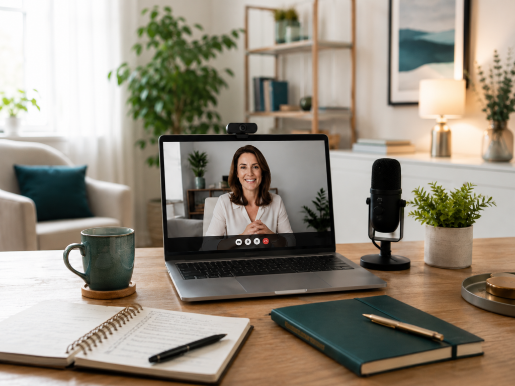 Professional home office setup for client calls with laptop, webcam, microphone, notebook and clean background