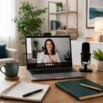 Professional home office setup for client calls with laptop, webcam, microphone, notebook and clean background