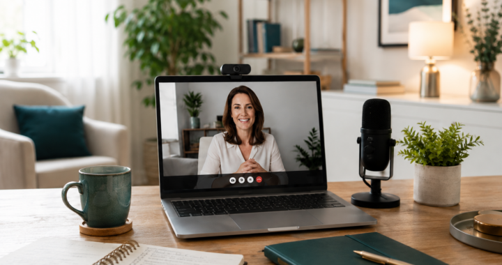 Professional home office setup for client calls with laptop, webcam, microphone, notebook and clean background