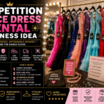 Rack of sparkling competition dance dresses with rental tags, fitting mirror, measuring tape, dress bags, and boutique rental setup for ballroom and Latin dancers.