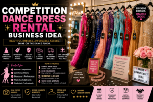 Rack of sparkling competition dance dresses with rental tags, fitting mirror, measuring tape, dress bags, and boutique rental setup for ballroom and Latin dancers.