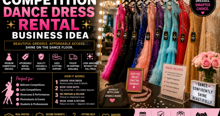 Rack of sparkling competition dance dresses with rental tags, fitting mirror, measuring tape, dress bags, and boutique rental setup for ballroom and Latin dancers.