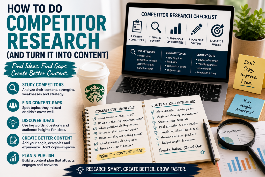 A marketing workspace with competitor research notes, content gap examples, keyword ideas and a checklist for turning research into better content.