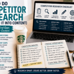 A marketing workspace with competitor research notes, content gap examples, keyword ideas and a checklist for turning research into better content.