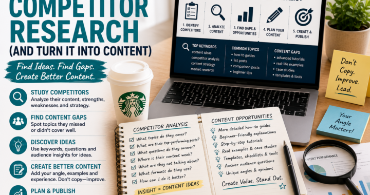 A marketing workspace with competitor research notes, content gap examples, keyword ideas and a checklist for turning research into better content.