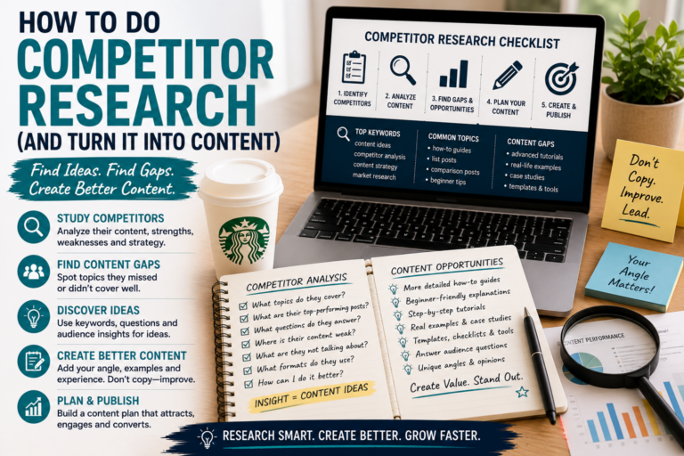 A marketing workspace with competitor research notes, content gap examples, keyword ideas and a checklist for turning research into better content.