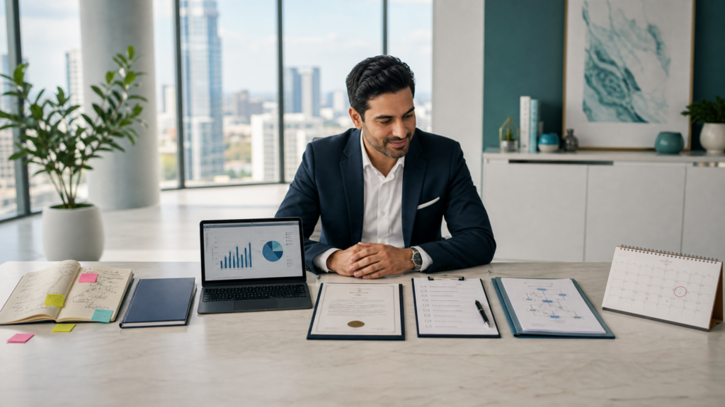 Entrepreneur following a structured roadmap from business idea to launch with planning documents, workflows, and business tools.