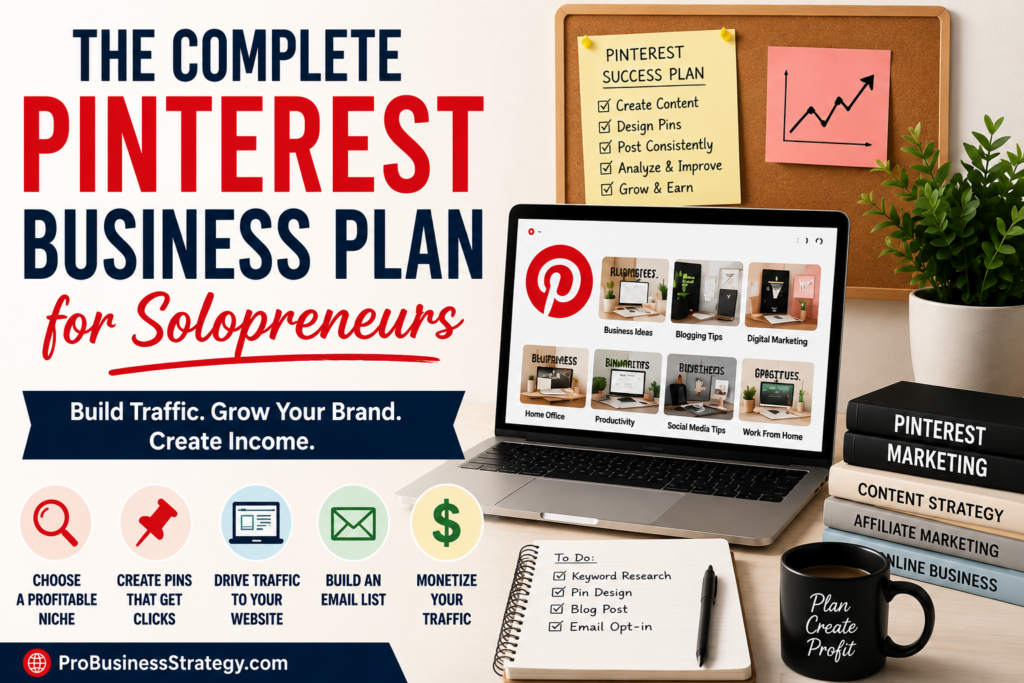 Pinterest business plan for solopreneurs with laptop, Pinterest marketing icons, content strategy checklist, and website traffic elements.