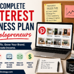 Pinterest business plan for solopreneurs with laptop, Pinterest marketing icons, content strategy checklist, and website traffic elements.